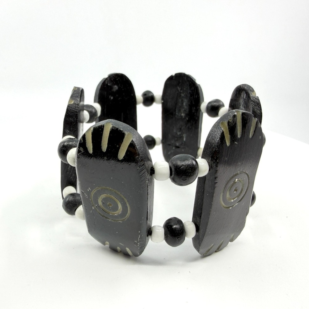 Boho Tribal Cow Horn Segments Black Wood Beads Bracelet Ethnic Statement Artisan